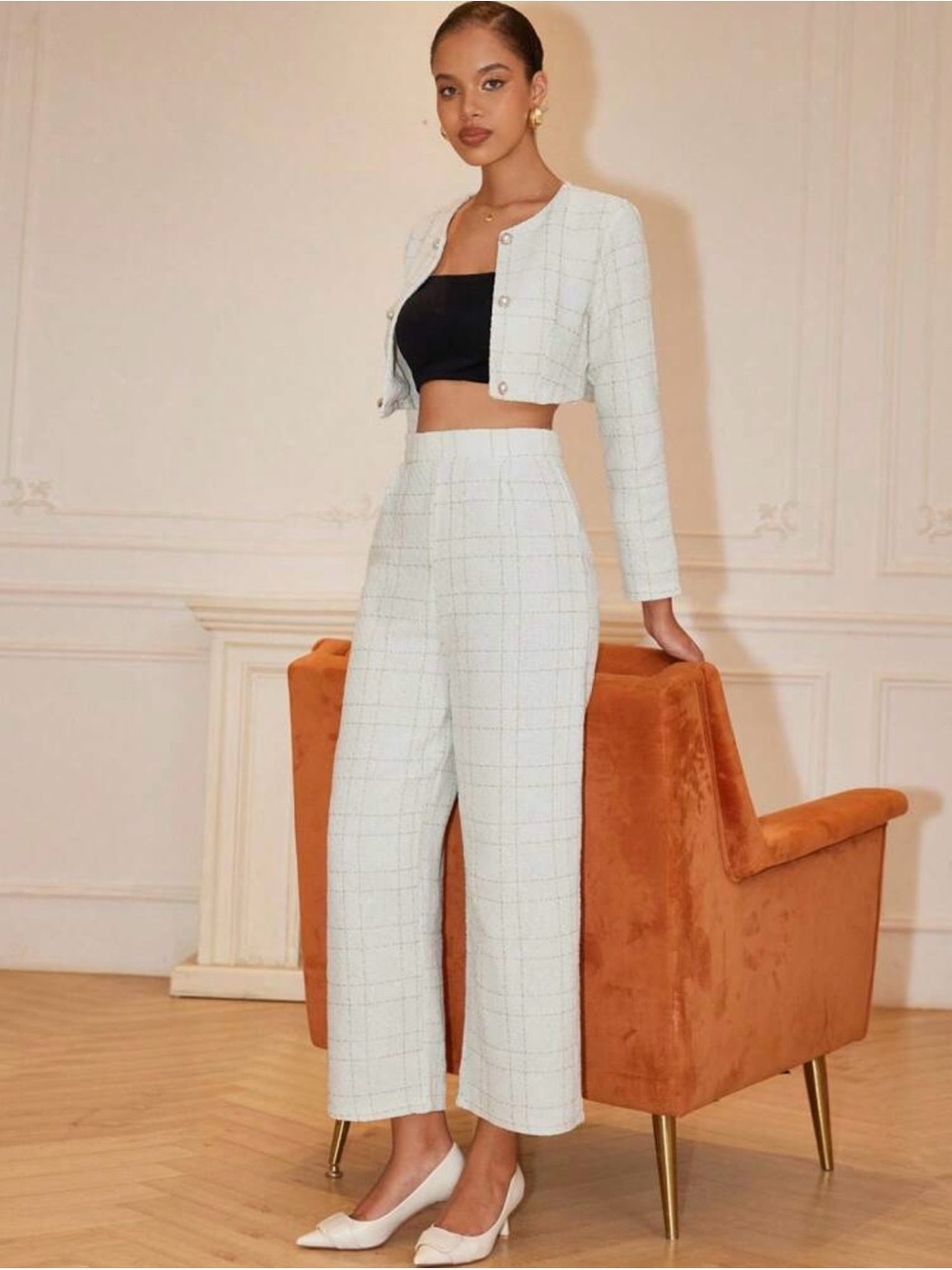 Cropped Tweed Matching Pants Set  - White